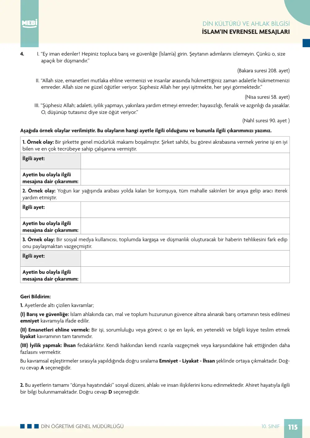 10. Sınıf Din Kültürü ve Ahlak Bilgisi Bireysel Öğrenme Etkinlikleri (2026-2027) sayfa 113