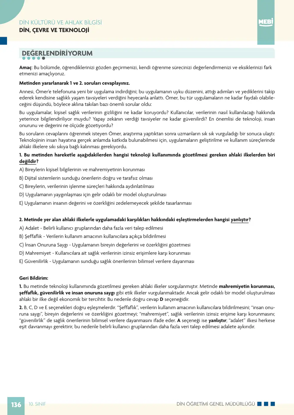 10. Sınıf Din Kültürü ve Ahlak Bilgisi Bireysel Öğrenme Etkinlikleri (2026-2027) sayfa 134