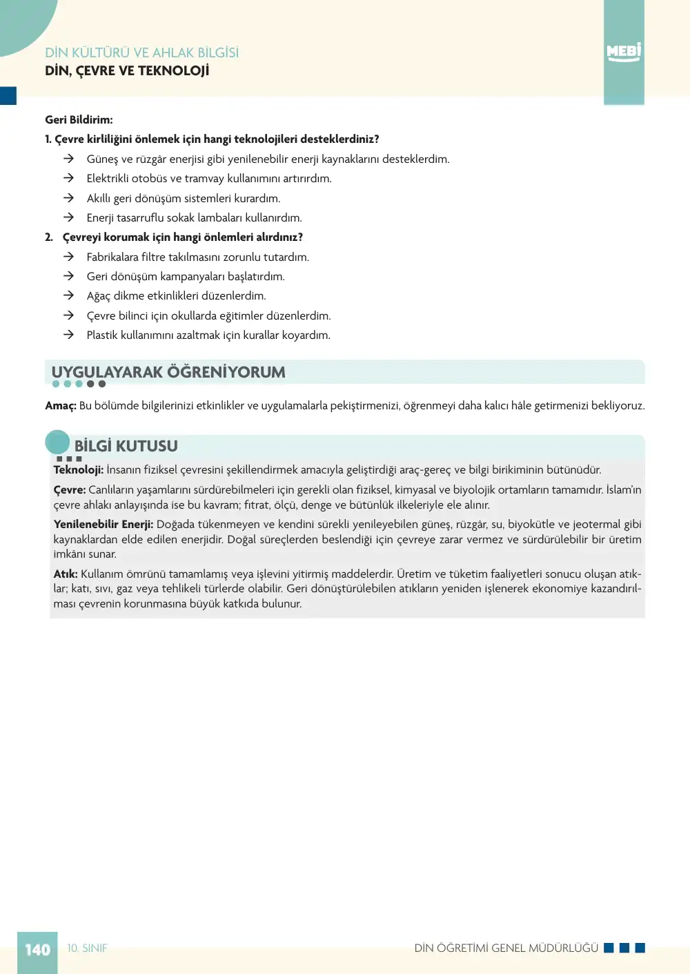 10. Sınıf Din Kültürü ve Ahlak Bilgisi Bireysel Öğrenme Etkinlikleri (2026-2027) sayfa 138
