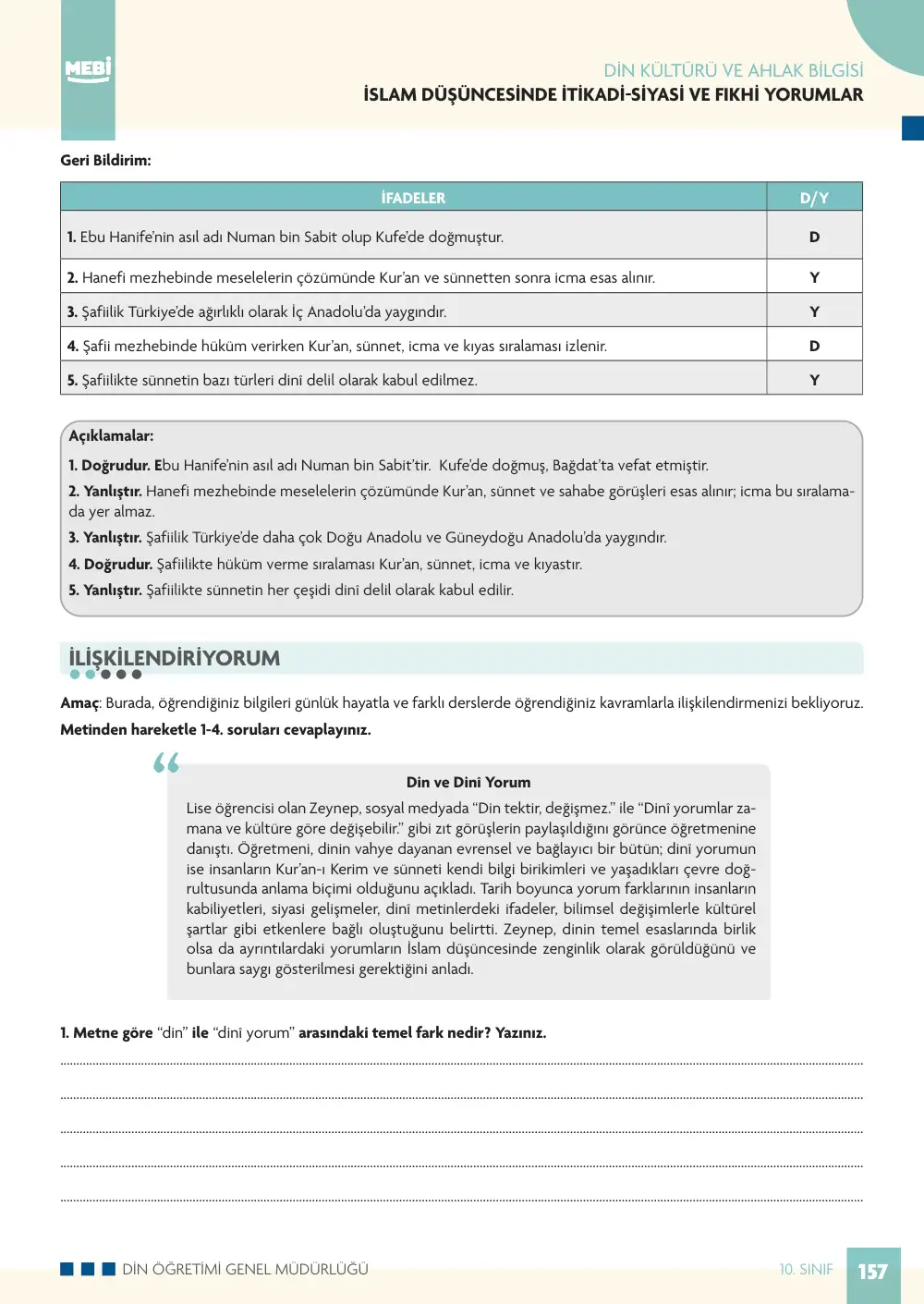 10. Sınıf Din Kültürü ve Ahlak Bilgisi Bireysel Öğrenme Etkinlikleri (2026-2027) sayfa 155