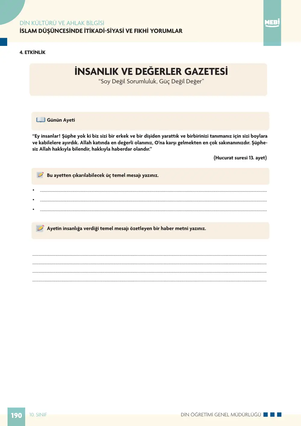 10. Sınıf Din Kültürü ve Ahlak Bilgisi Bireysel Öğrenme Etkinlikleri (2026-2027) sayfa 188