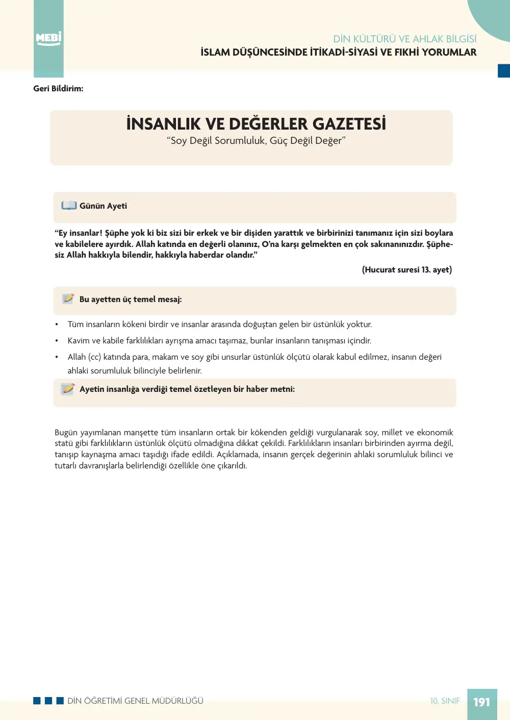 10. Sınıf Din Kültürü ve Ahlak Bilgisi Bireysel Öğrenme Etkinlikleri (2026-2027) sayfa 189