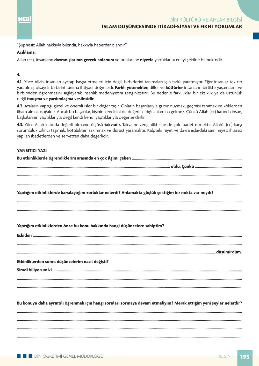 10. Sınıf Din Kültürü ve Ahlak Bilgisi Bireysel Öğrenme Etkinlikleri (2026-2027) sayfa 193