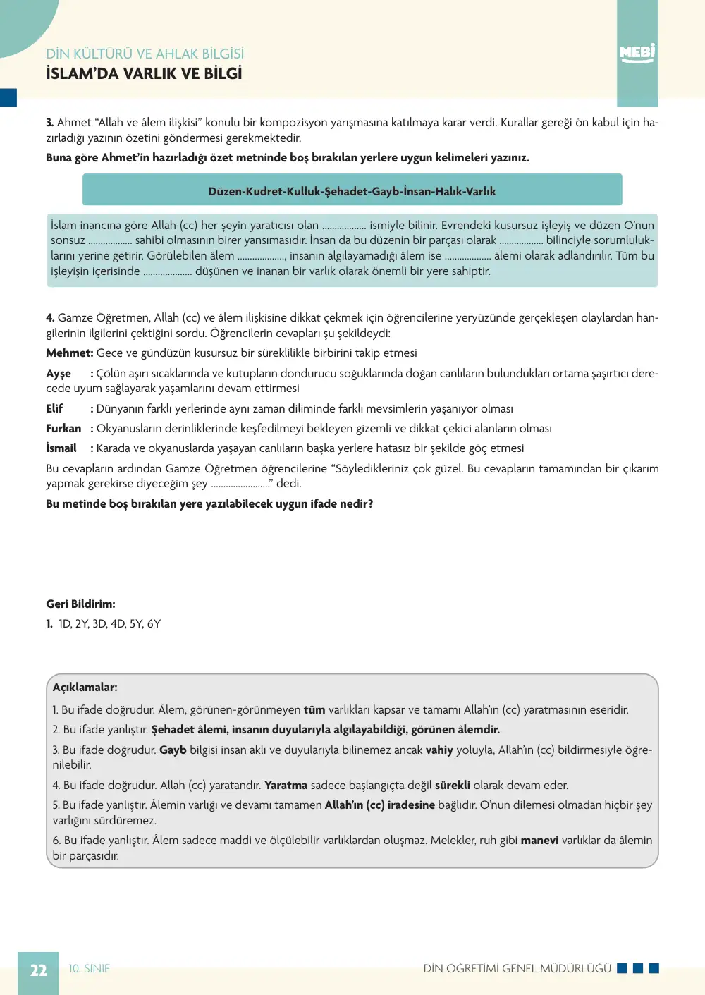 10. Sınıf Din Kültürü ve Ahlak Bilgisi Bireysel Öğrenme Etkinlikleri (2026-2027) sayfa 20
