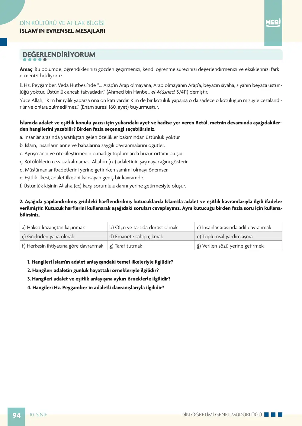 10. Sınıf Din Kültürü ve Ahlak Bilgisi Bireysel Öğrenme Etkinlikleri (2026-2027) sayfa 92