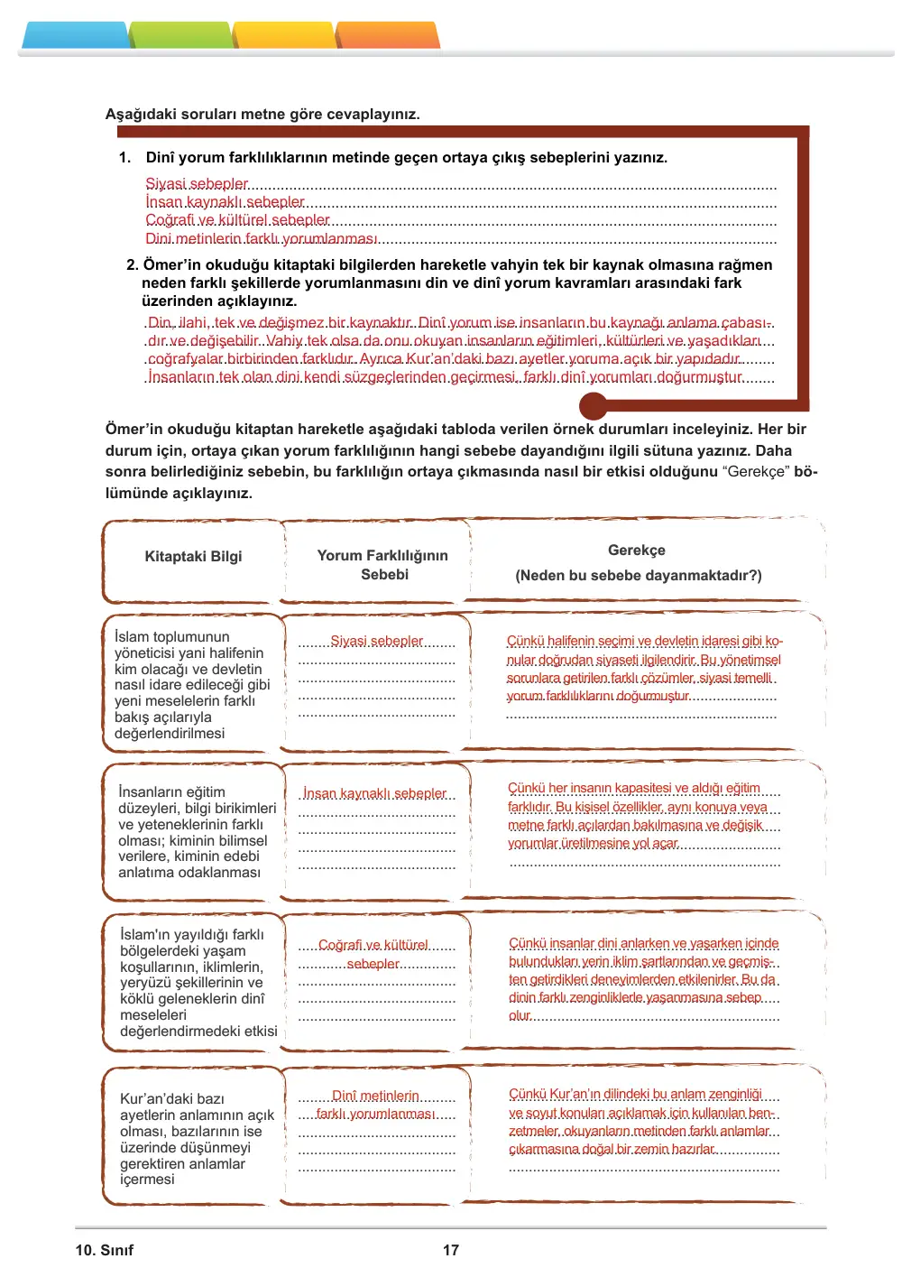 10. Sınıf Din Kültürü ve Ahlak Bilgisi Öğrenme Etkinlikleri Seti 2 (2025-2026) cevap anahtarı sayfa 18