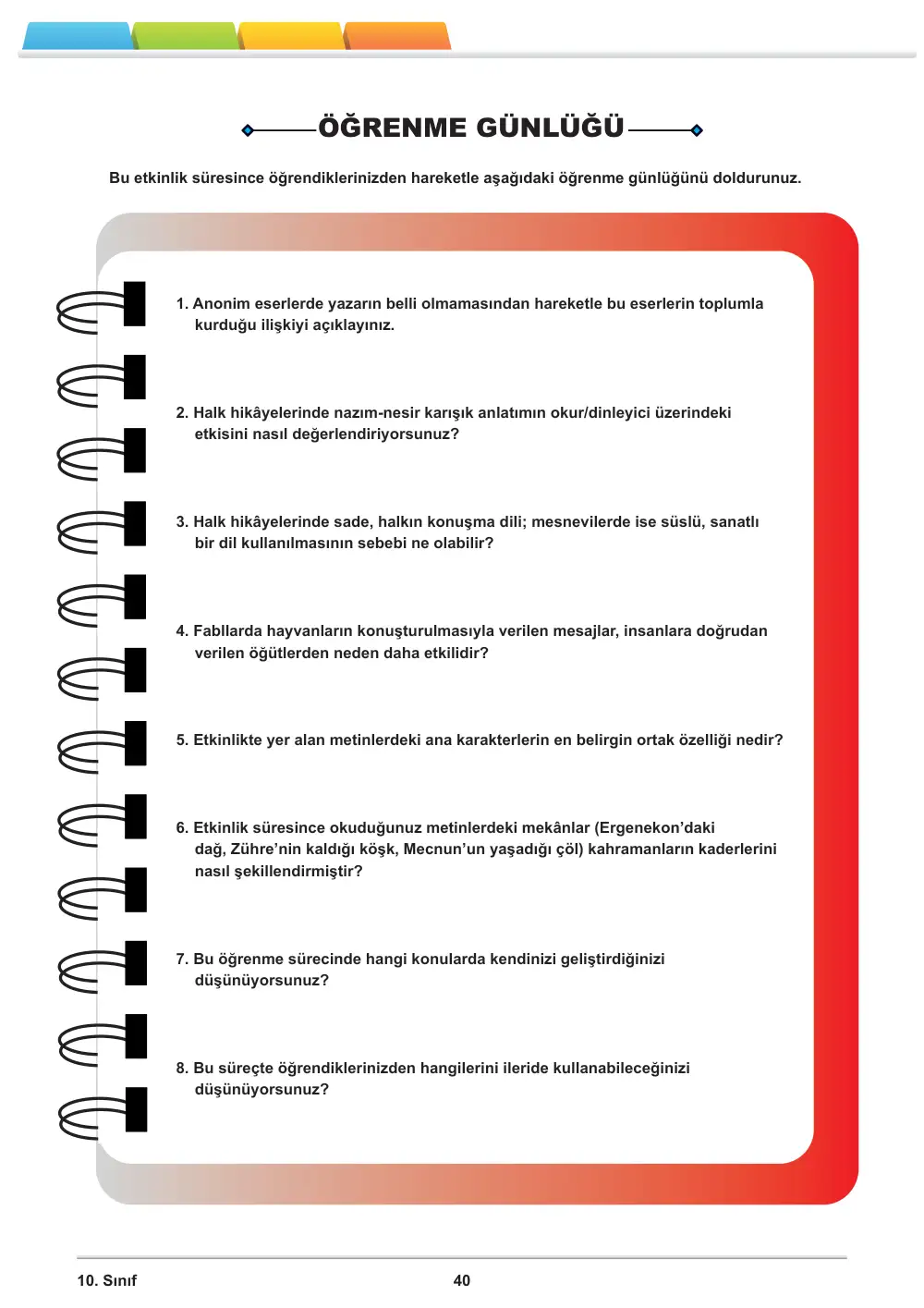 10. Sınıf Türk Dili ve Edebiyatı Öğrenme Etkinlikleri Seti 1 (2025-2026) cevap anahtarı sayfa 41