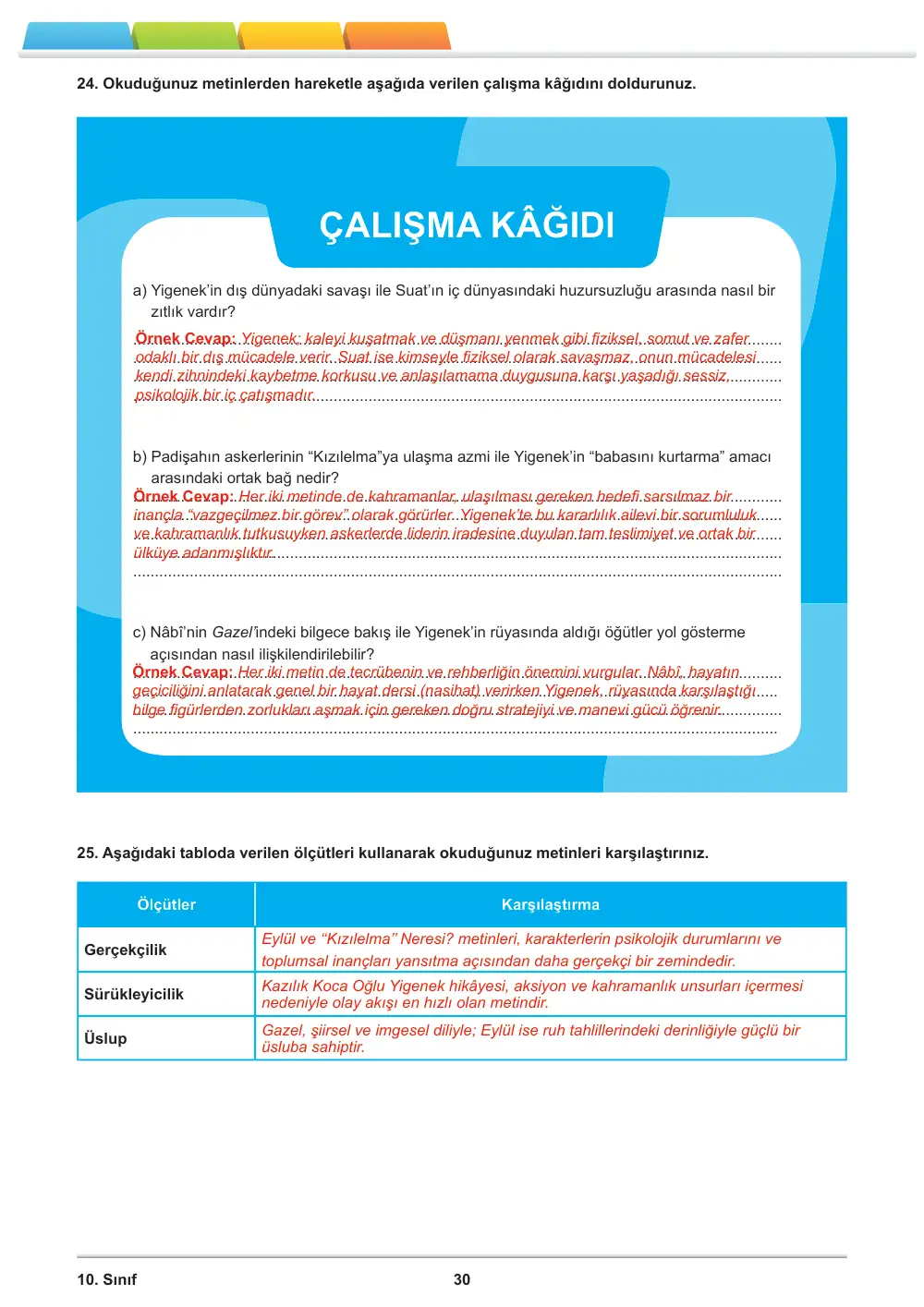 10. Sınıf Türk Dili ve Edebiyatı Öğrenme Etkinlikleri Seti 2 (2025-2026) cevap anahtarı sayfa 31