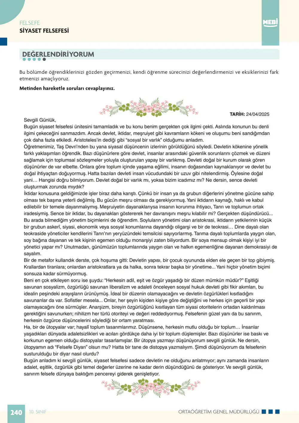 10. Sınıf Felsefe Bireysel Öğrenme Etkinlikleri (2026-2027) sayfa 240