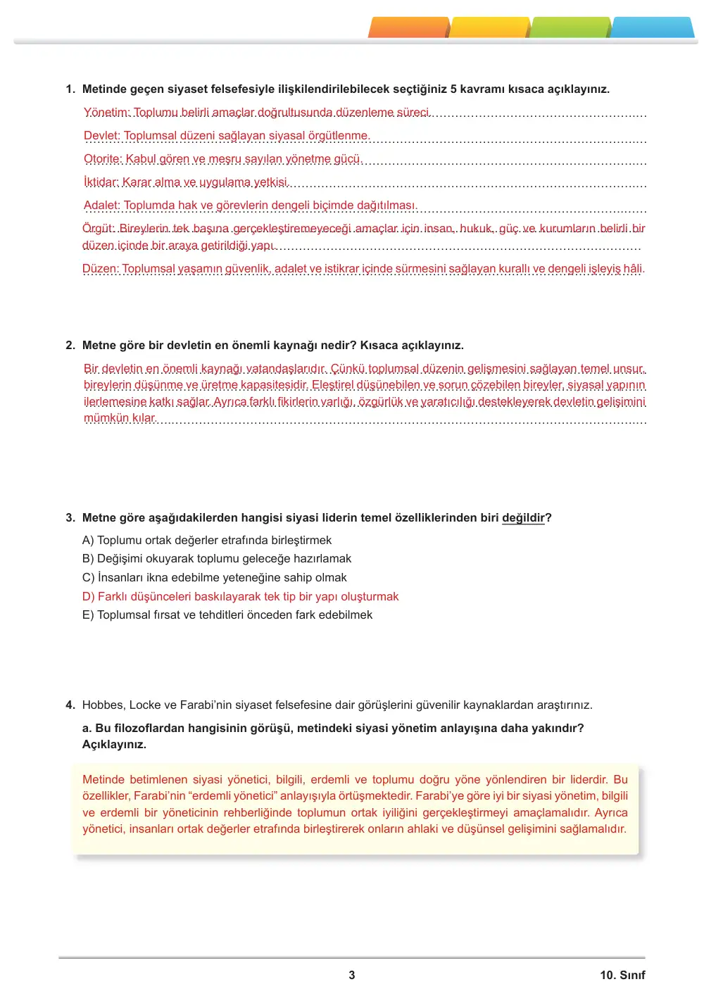 10. Sınıf Felsefe Öğrenme Etkinlikleri Seti 2 (2025-2026) cevap anahtarı sayfa 4