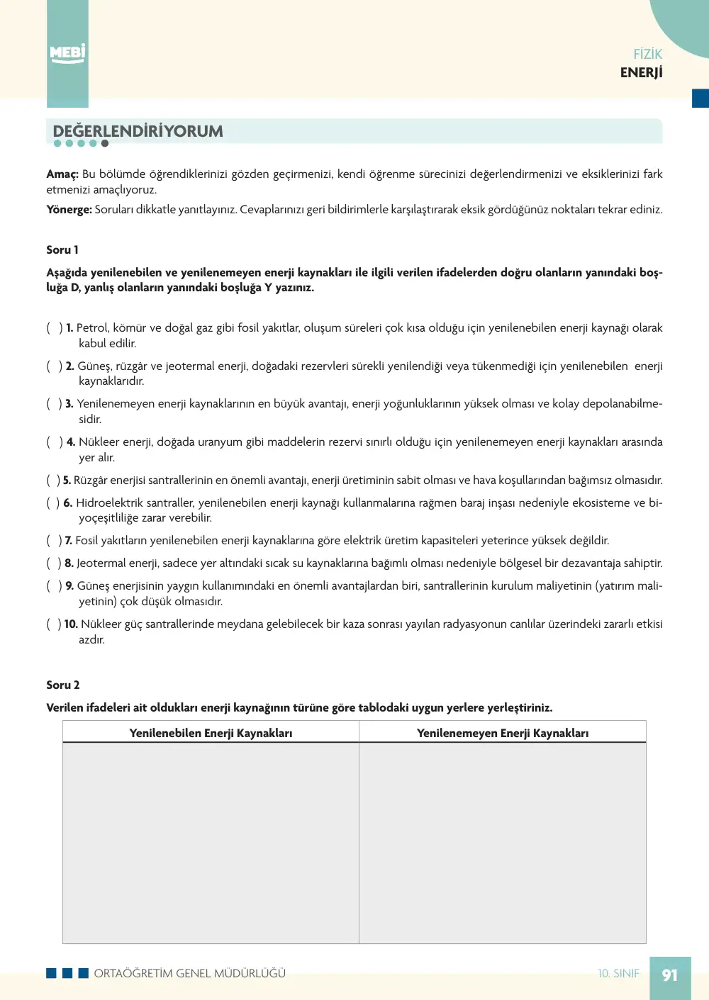 10. Sınıf Fizik Bireysel Öğrenme Etkinlikleri (2026-2027) sayfa 95
