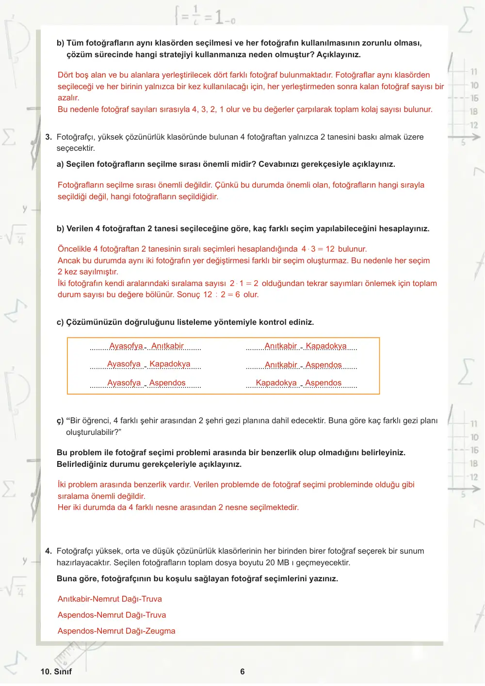 10. Sınıf Matematik Öğrenme Etkinlikleri Seti 2 (2025-2026) cevap anahtarı sayfa 7