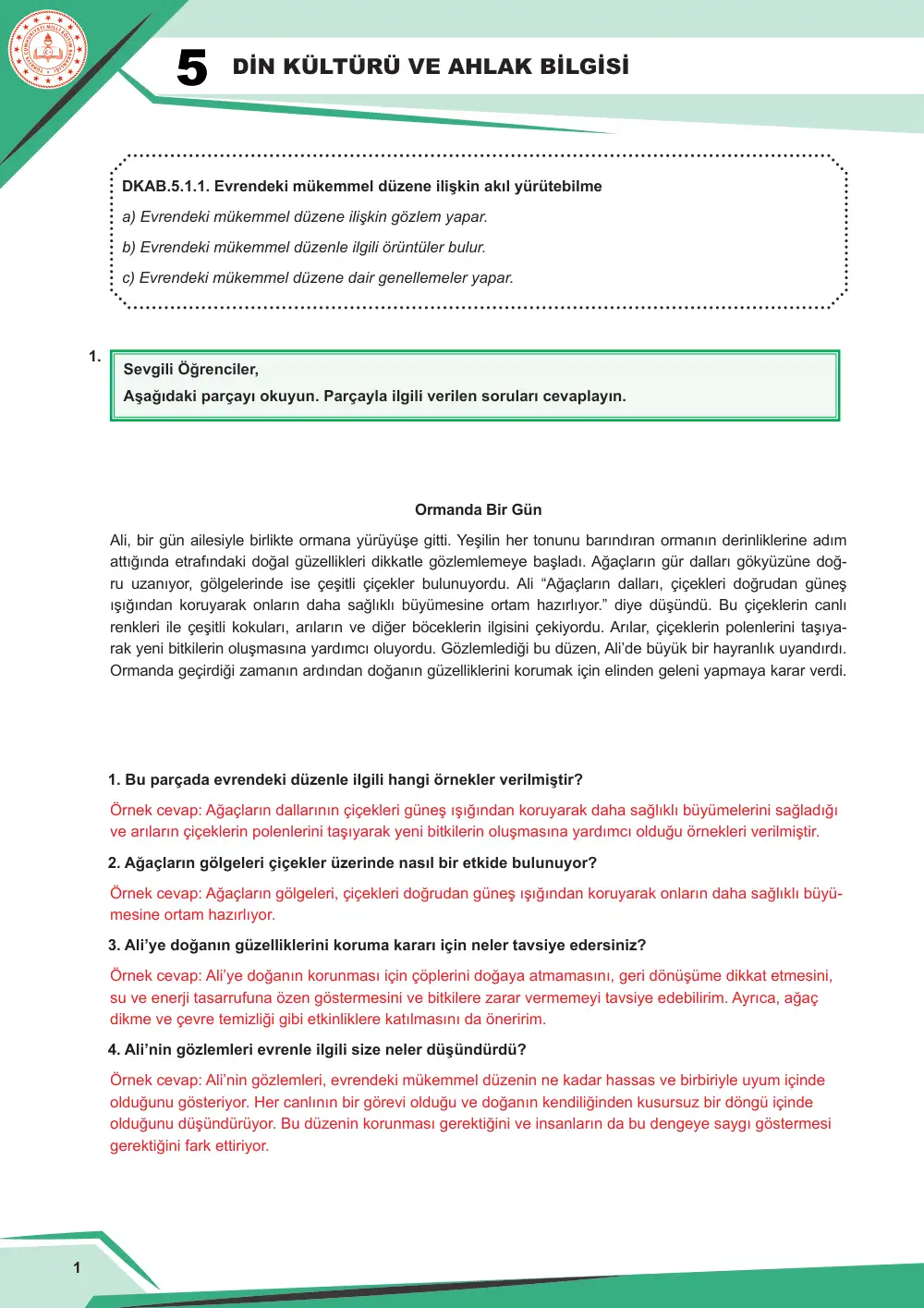 5. Sınıf Din Kültürü ve Ahlak Bilgisi Çalışma Kâğıdı: DKAB.5.1.1 Evrendeki mükemmel düzene ilişkin akıl yürütebilme cevap anahtarı sayfa 2