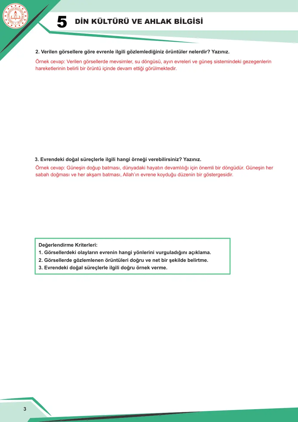 5. Sınıf Din Kültürü ve Ahlak Bilgisi Çalışma Kâğıdı: DKAB.5.1.1 Evrendeki mükemmel düzene ilişkin akıl yürütebilme cevap anahtarı sayfa 4