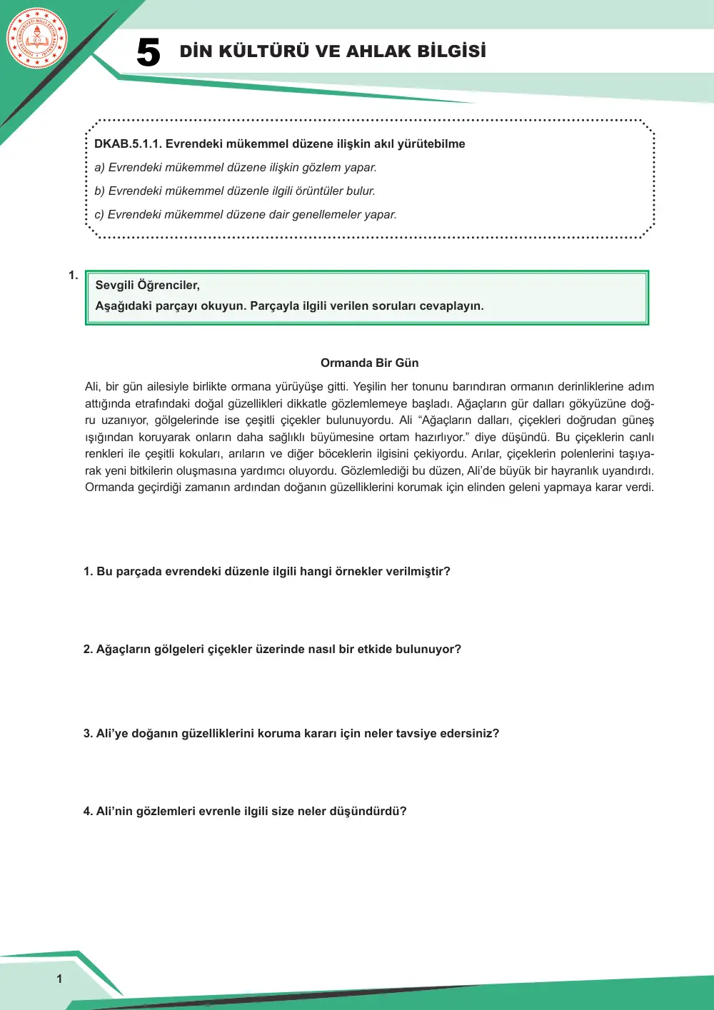 5. Sınıf Din Kültürü ve Ahlak Bilgisi Çalışma Kâğıdı: DKAB.5.1.1 Evrendeki mükemmel düzene ilişkin akıl yürütebilme