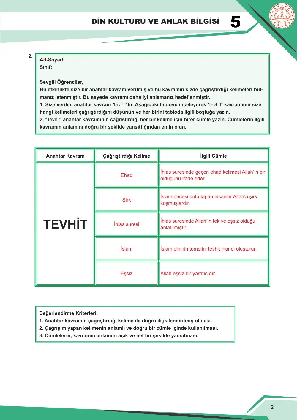 5. Sınıf Din Kültürü ve Ahlak Bilgisi Çalışma Kâğıdı: DKAB.5.1.2 Evrendeki mükemmel düzeni gözlem yoluyla fark edip Allah'ın (cc) varlığı ve birliğini gözleme dayalı tahmin edebilme cevap anahtarı sayfa 3