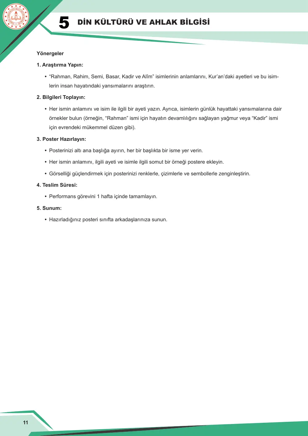 5. Sınıf Din Kültürü ve Ahlak Bilgisi Çalışma Kâğıdı: DKAB.5.1.3 Allah'ın (cc) güzel isimleri hakkında bilgi toplayabilme cevap anahtarı sayfa 12