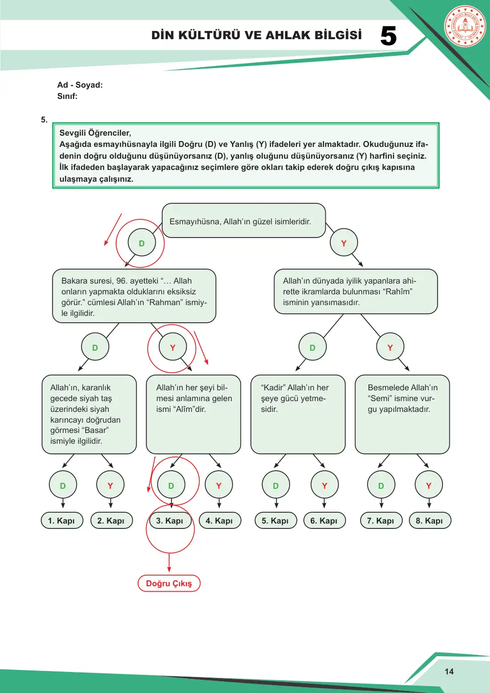 5. Sınıf Din Kültürü ve Ahlak Bilgisi Çalışma Kâğıdı: DKAB.5.1.3 Allah'ın (cc) güzel isimleri hakkında bilgi toplayabilme cevap anahtarı sayfa 15