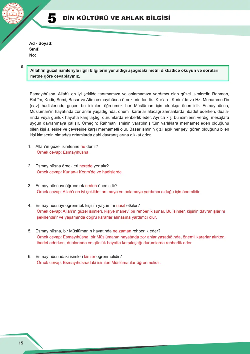 5. Sınıf Din Kültürü ve Ahlak Bilgisi Çalışma Kâğıdı: DKAB.5.1.3 Allah'ın (cc) güzel isimleri hakkında bilgi toplayabilme cevap anahtarı sayfa 16