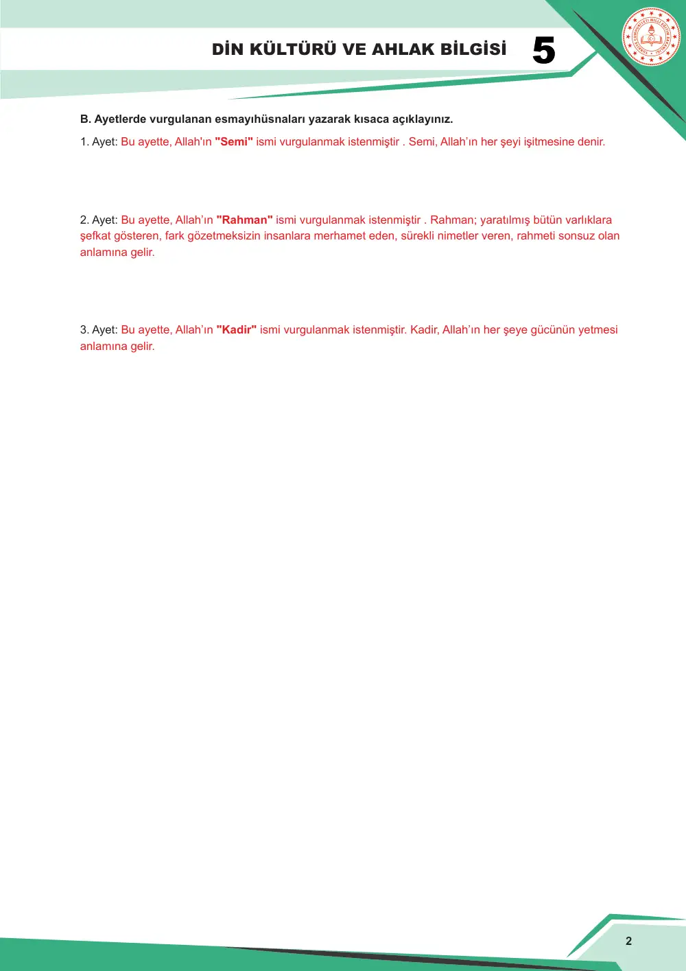 5. Sınıf Din Kültürü ve Ahlak Bilgisi Çalışma Kâğıdı: DKAB.5.1.3 Allah'ın (cc) güzel isimleri hakkında bilgi toplayabilme cevap anahtarı sayfa 3