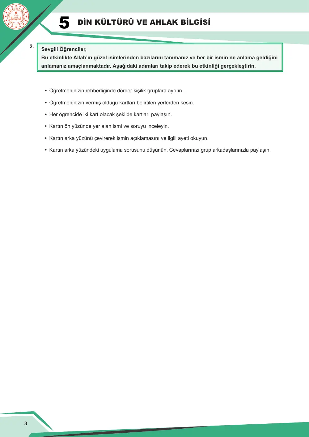 5. Sınıf Din Kültürü ve Ahlak Bilgisi Çalışma Kâğıdı: DKAB.5.1.3 Allah'ın (cc) güzel isimleri hakkında bilgi toplayabilme cevap anahtarı sayfa 4