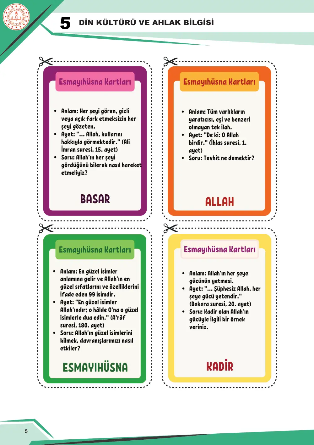 5. Sınıf Din Kültürü ve Ahlak Bilgisi Çalışma Kâğıdı: DKAB.5.1.3 Allah'ın (cc) güzel isimleri hakkında bilgi toplayabilme cevap anahtarı sayfa 6