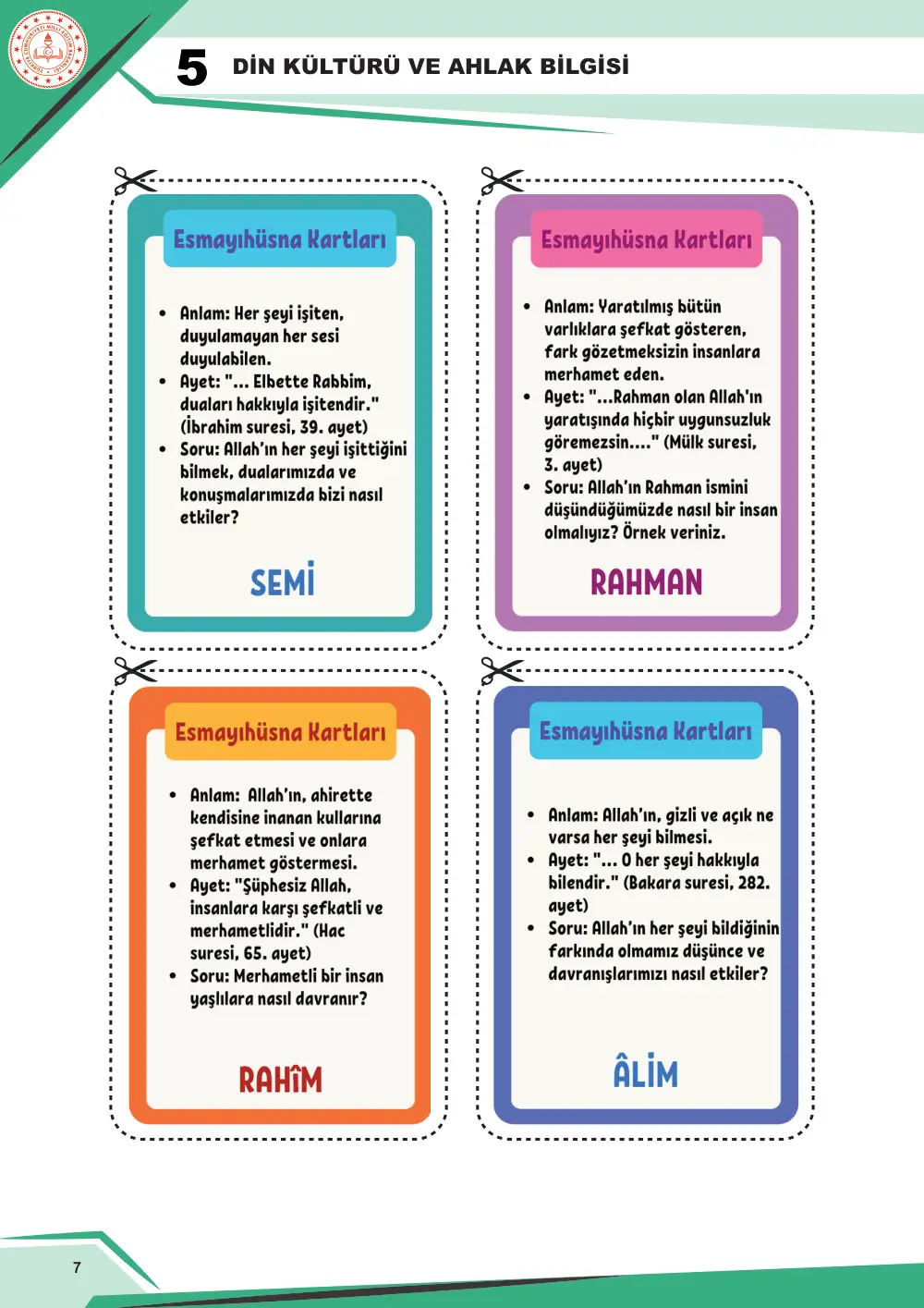 5. Sınıf Din Kültürü ve Ahlak Bilgisi Çalışma Kâğıdı: DKAB.5.1.3 Allah'ın (cc) güzel isimleri hakkında bilgi toplayabilme cevap anahtarı sayfa 8