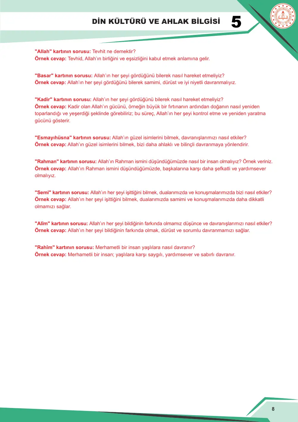 5. Sınıf Din Kültürü ve Ahlak Bilgisi Çalışma Kâğıdı: DKAB.5.1.3 Allah'ın (cc) güzel isimleri hakkında bilgi toplayabilme cevap anahtarı sayfa 9
