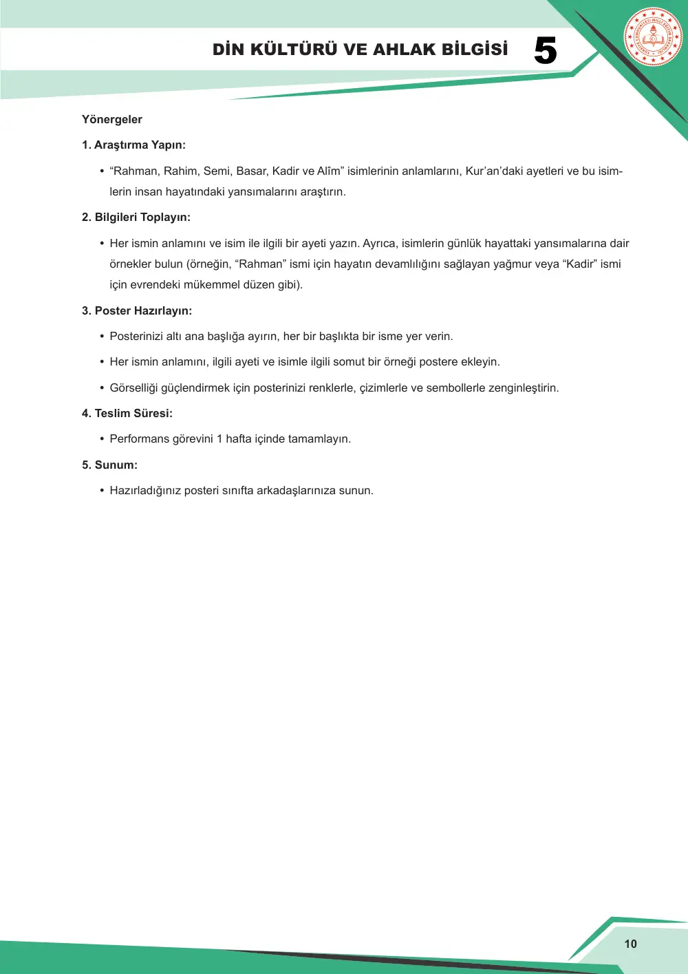 5. Sınıf Din Kültürü ve Ahlak Bilgisi Çalışma Kâğıdı: DKAB.5.1.3 Allah'ın (cc) güzel isimleri hakkında bilgi toplayabilme sayfa 11