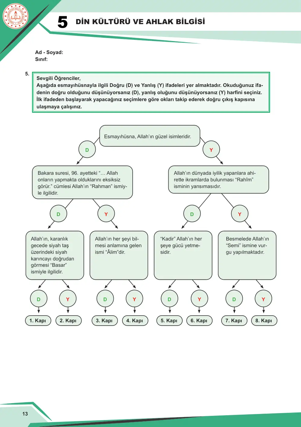 5. Sınıf Din Kültürü ve Ahlak Bilgisi Çalışma Kâğıdı: DKAB.5.1.3 Allah'ın (cc) güzel isimleri hakkında bilgi toplayabilme sayfa 14