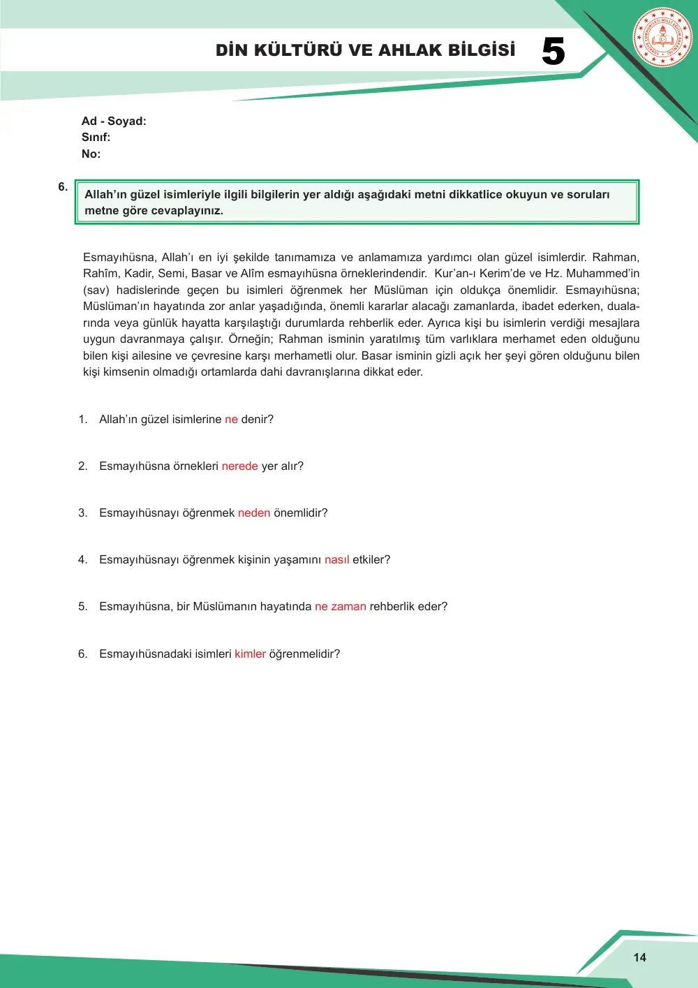 5. Sınıf Din Kültürü ve Ahlak Bilgisi Çalışma Kâğıdı: DKAB.5.1.3 Allah'ın (cc) güzel isimleri hakkında bilgi toplayabilme sayfa 15