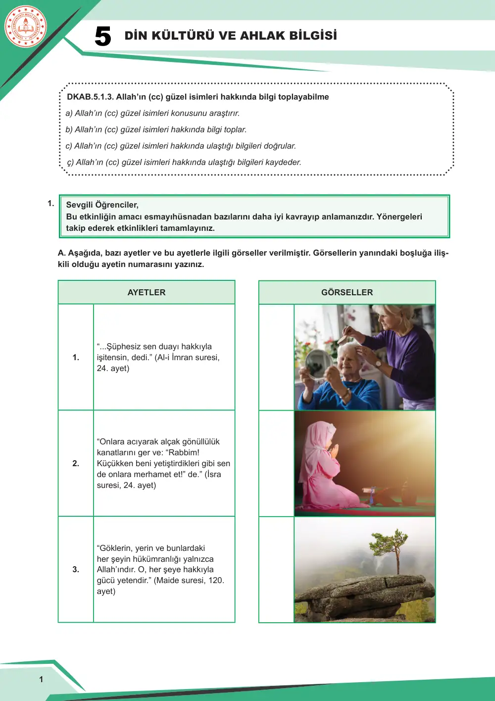 5. Sınıf Din Kültürü ve Ahlak Bilgisi Çalışma Kâğıdı: DKAB.5.1.3 Allah'ın (cc) güzel isimleri hakkında bilgi toplayabilme
