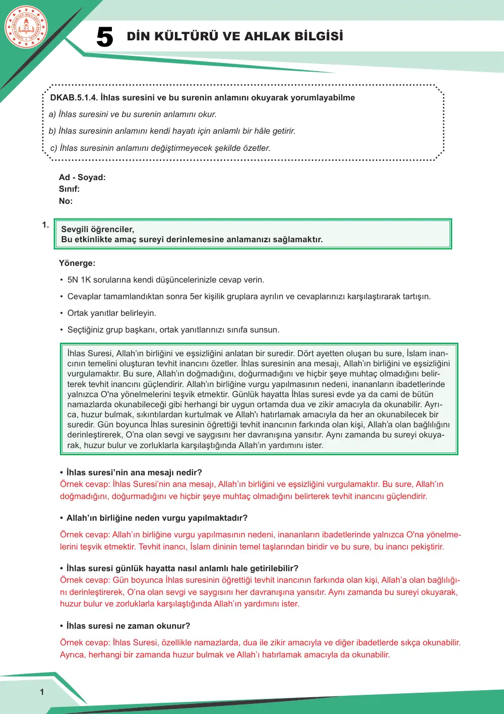 5. Sınıf Din Kültürü ve Ahlak Bilgisi Çalışma Kâğıdı: DKAB.5.1.4 İhlas suresini ve bu surenin anlamını okuyarak yorumlayabilme cevap anahtarı sayfa 2