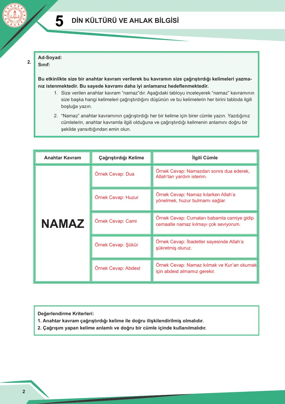 5. Sınıf Din Kültürü ve Ahlak Bilgisi Çalışma Kâğıdı: DKAB.5.2.1 Namaz ibadetini özetleyebilme cevap anahtarı sayfa 3