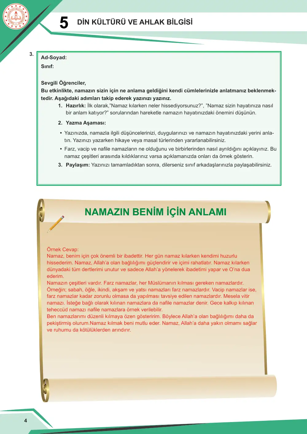 5. Sınıf Din Kültürü ve Ahlak Bilgisi Çalışma Kâğıdı: DKAB.5.2.1 Namaz ibadetini özetleyebilme cevap anahtarı sayfa 5
