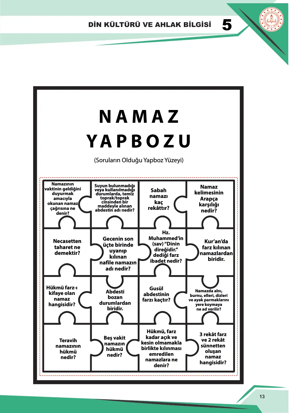 5. Sınıf Din Kültürü ve Ahlak Bilgisi Çalışma Kâğıdı: DKAB.5.2.2 Namazın kılınışını gözlemleyebilme cevap anahtarı sayfa 14