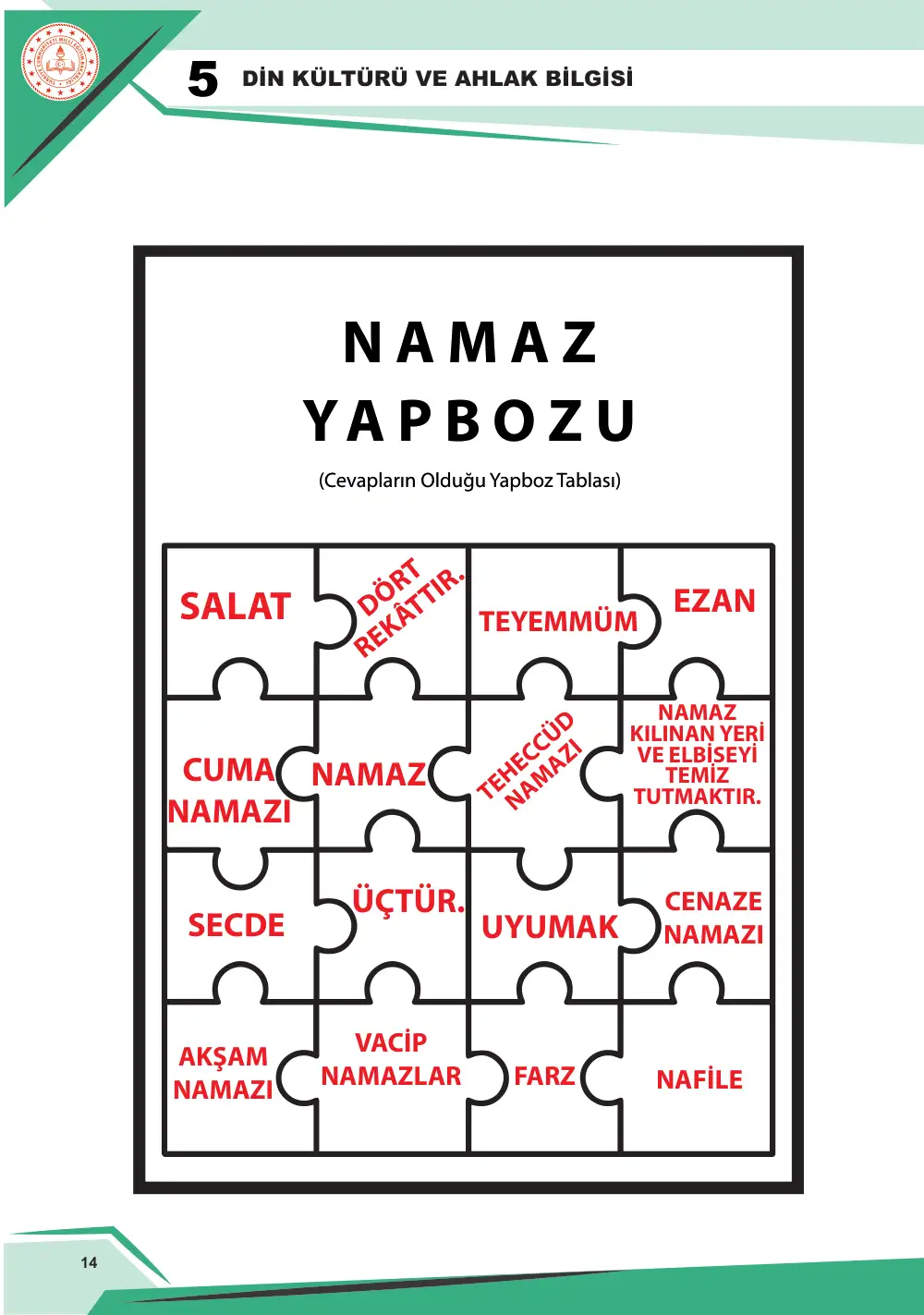 5. Sınıf Din Kültürü ve Ahlak Bilgisi Çalışma Kâğıdı: DKAB.5.2.2 Namazın kılınışını gözlemleyebilme cevap anahtarı sayfa 15