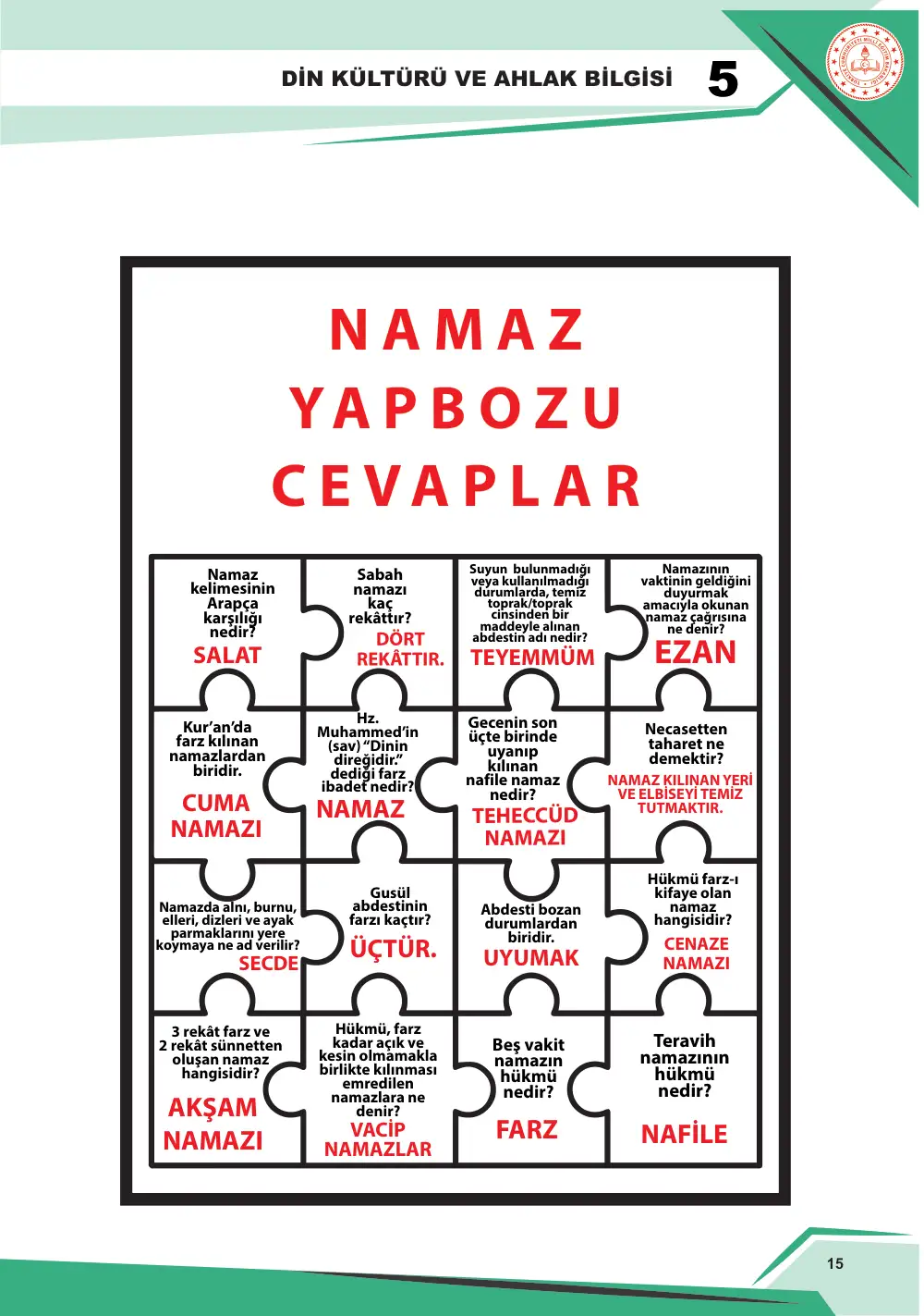 5. Sınıf Din Kültürü ve Ahlak Bilgisi Çalışma Kâğıdı: DKAB.5.2.2 Namazın kılınışını gözlemleyebilme cevap anahtarı sayfa 16