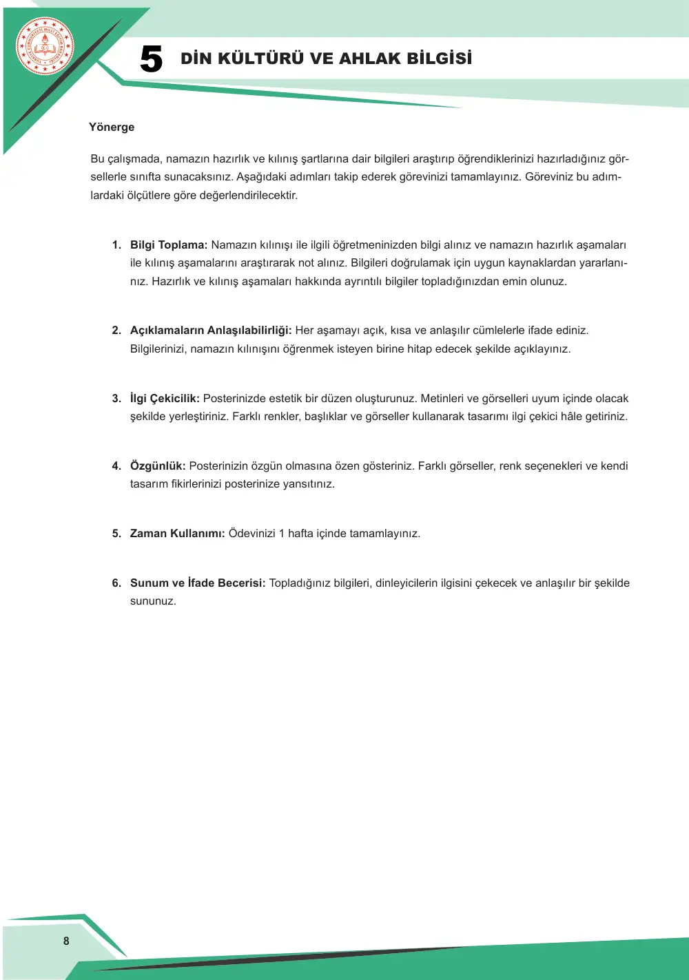 5. Sınıf Din Kültürü ve Ahlak Bilgisi Çalışma Kâğıdı: DKAB.5.2.2 Namazın kılınışını gözlemleyebilme cevap anahtarı sayfa 9