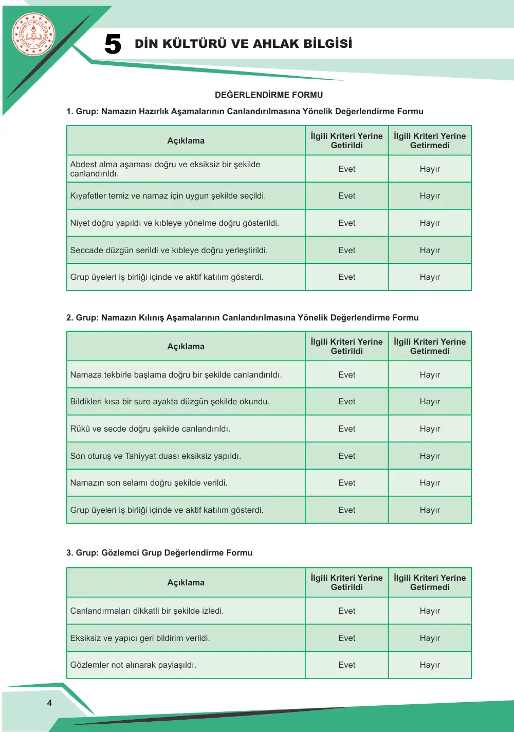 5. Sınıf Din Kültürü ve Ahlak Bilgisi Çalışma Kâğıdı: DKAB.5.2.2 Namazın kılınışını gözlemleyebilme sayfa 5