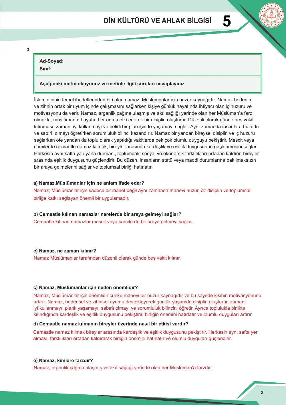 5. Sınıf Din Kültürü ve Ahlak Bilgisi Çalışma Kâğıdı: DKAB.5.2.3 Namazın insan hayatına etkileri hakkında düşünebilme cevap anahtarı sayfa 4