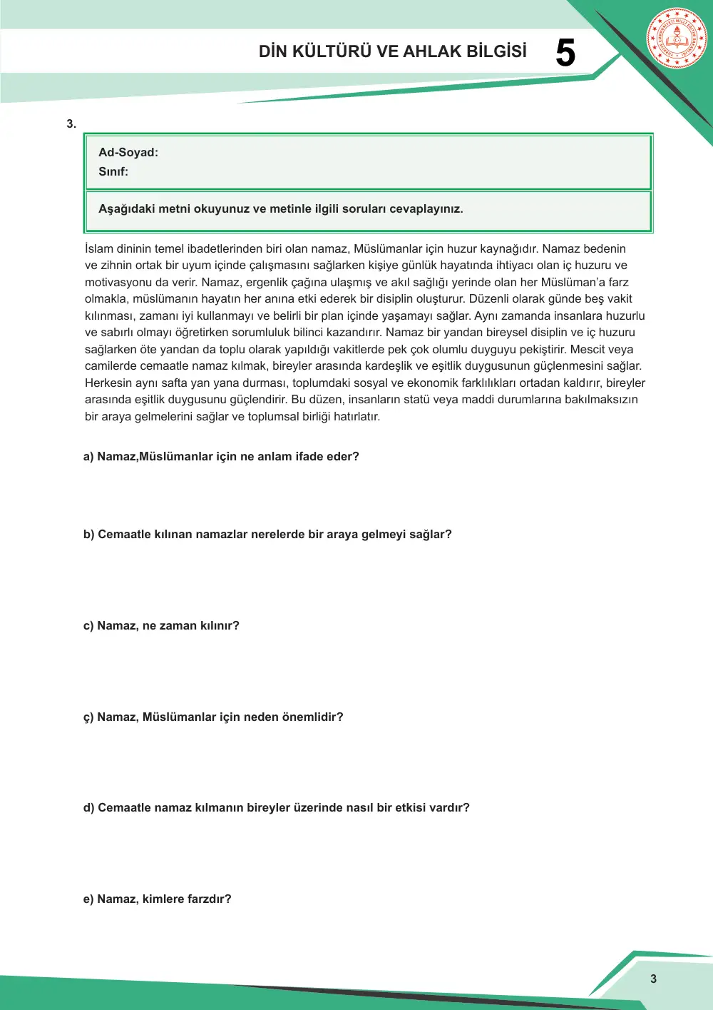 5. Sınıf Din Kültürü ve Ahlak Bilgisi Çalışma Kâğıdı: DKAB.5.2.3 Namazın insan hayatına etkileri hakkında düşünebilme sayfa 4