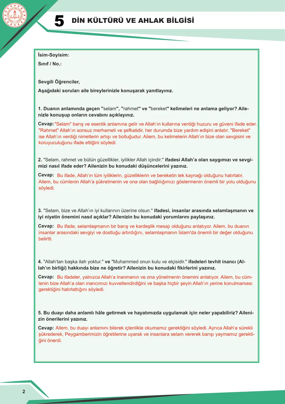 5. Sınıf Din Kültürü ve Ahlak Bilgisi Çalışma Kâğıdı: DKAB.5.2.4 Tahiyyat duasını ve bu duanın anlamını okuyarak yorumlayabilme cevap anahtarı sayfa 3