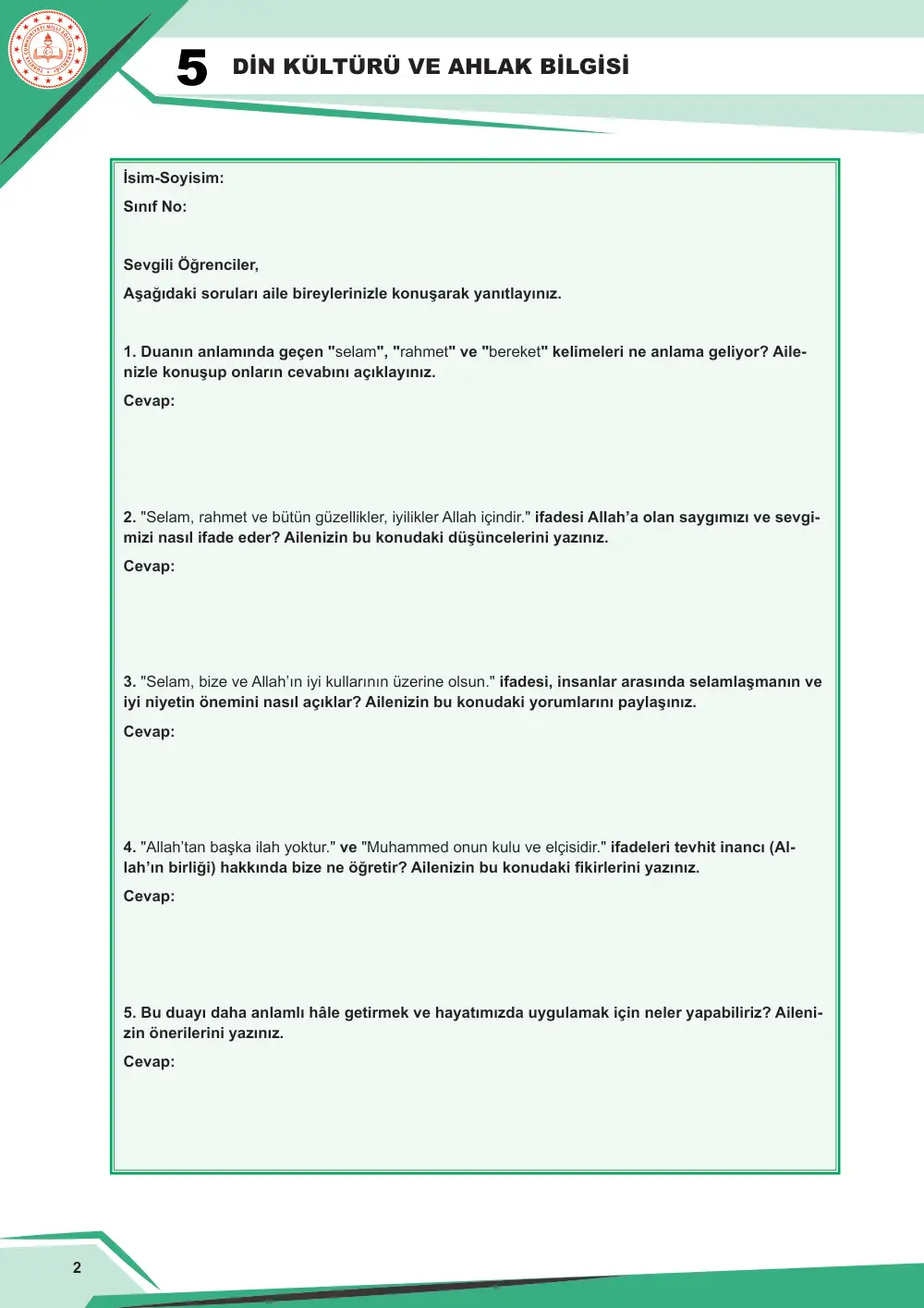 5. Sınıf Din Kültürü ve Ahlak Bilgisi Çalışma Kâğıdı: DKAB.5.2.4 Tahiyyat duasını ve bu duanın anlamını okuyarak yorumlayabilme sayfa 3