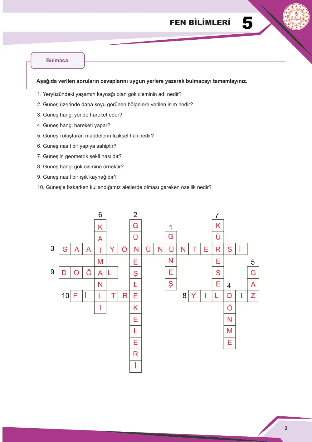 5. Sınıf Fen Bilimleri Çalışma Kâğıdı: FB.5.1.1.1 Güneş'in yapısı ve dönme hareketi ile ilgili bilgileri toplayabilme cevap anahtarı sayfa 3