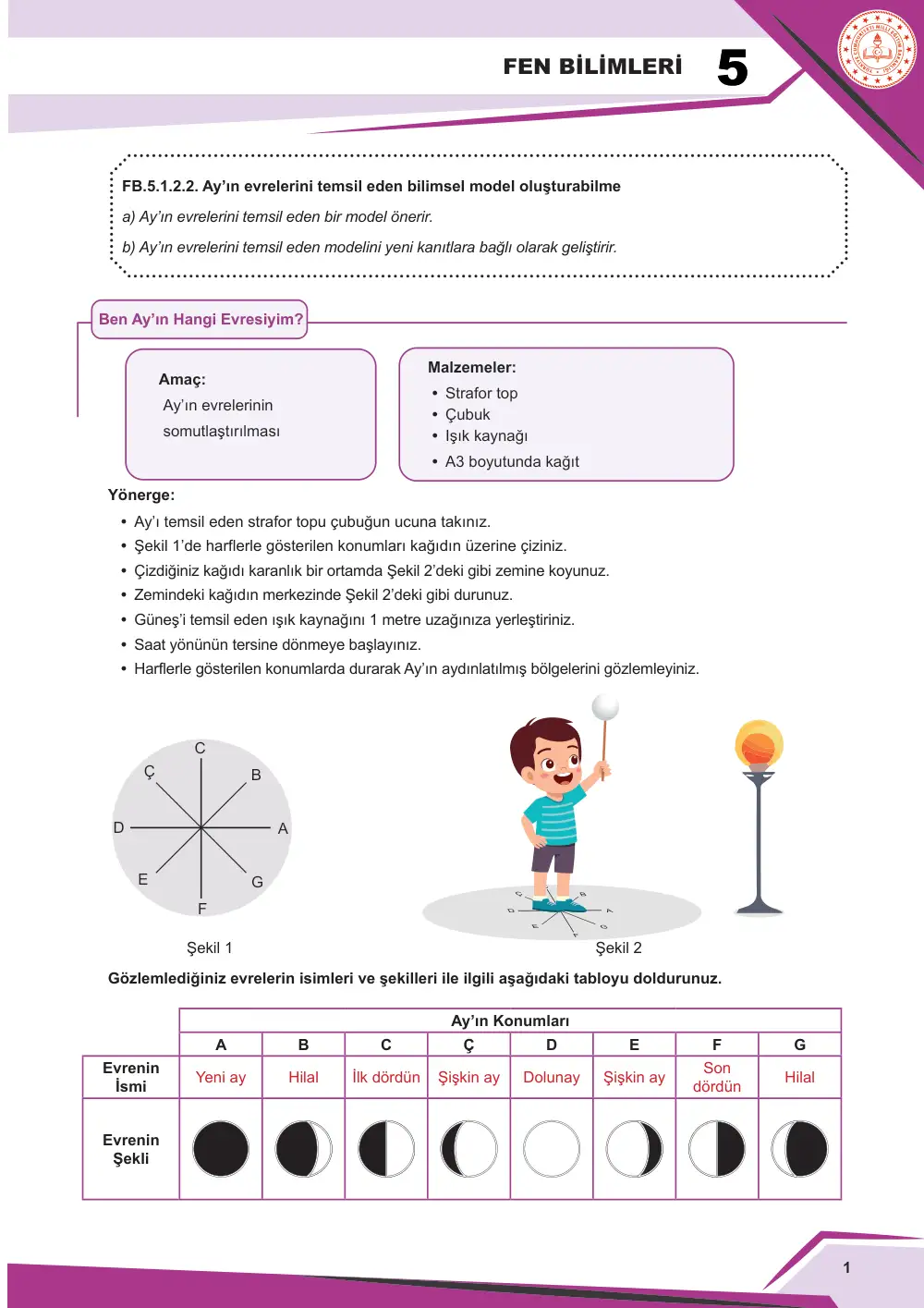 5. Sınıf Fen Bilimleri Çalışma Kâğıdı: FB.5.1.2.2 Ay'ın evrelerini temsil eden bilimsel model oluşturabilme cevap anahtarı sayfa 3