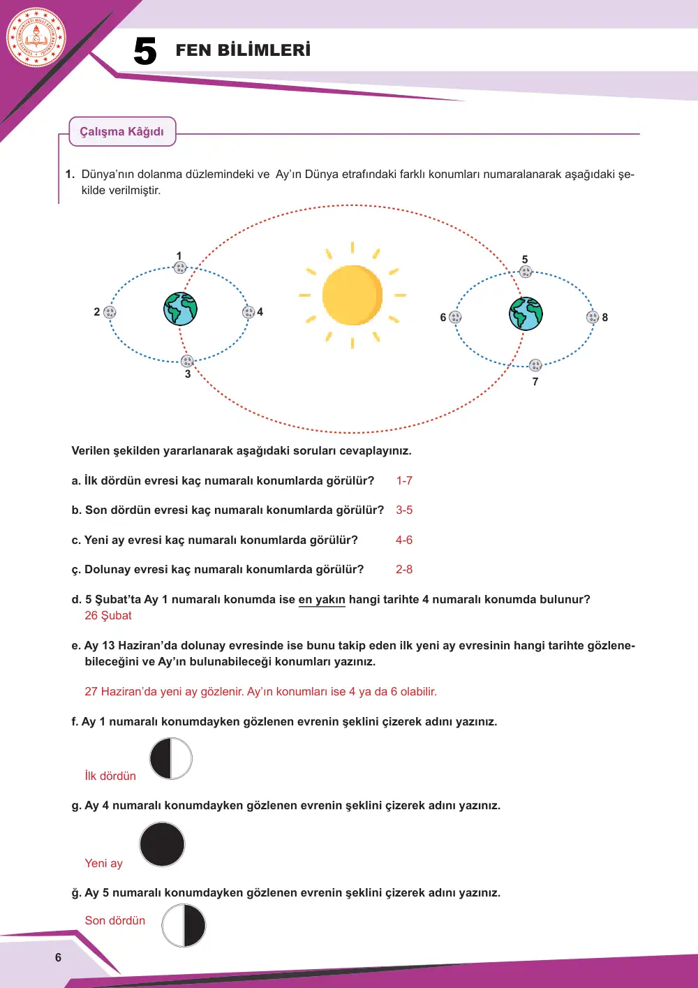 5. Sınıf Fen Bilimleri Çalışma Kâğıdı: FB.5.1.2.2 Ay'ın evrelerini temsil eden bilimsel model oluşturabilme cevap anahtarı sayfa 8