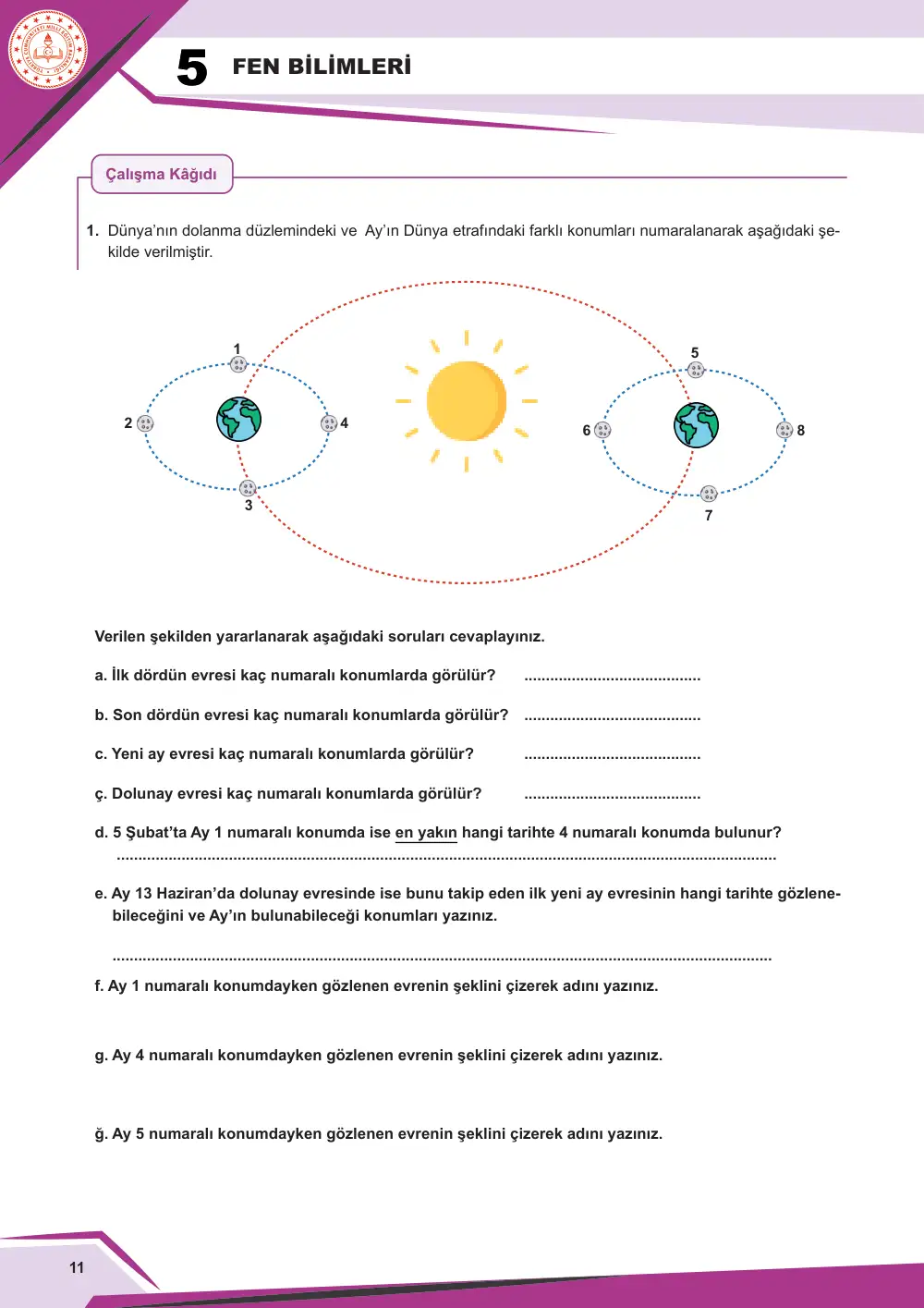 5. Sınıf Fen Bilimleri Çalışma Kâğıdı: FB.5.1.2.2 Ay'ın evrelerini temsil eden bilimsel model oluşturabilme sayfa 12