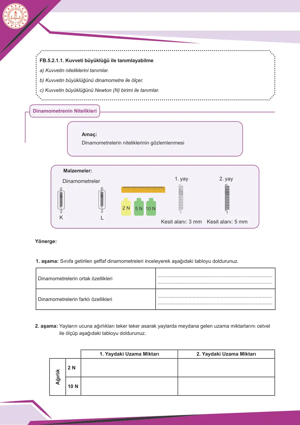 5. Sınıf Fen Bilimleri Çalışma Kâğıdı: FB.5.2.1.1 Kuvveti büyüklüğü ile tanımlayabilme