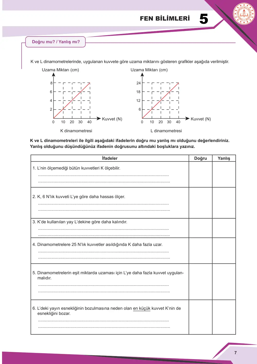 5. Sınıf Fen Bilimleri Çalışma Kâğıdı: FB.5.2.1.1 Kuvveti büyüklüğü ile tanımlayabilme sayfa 7